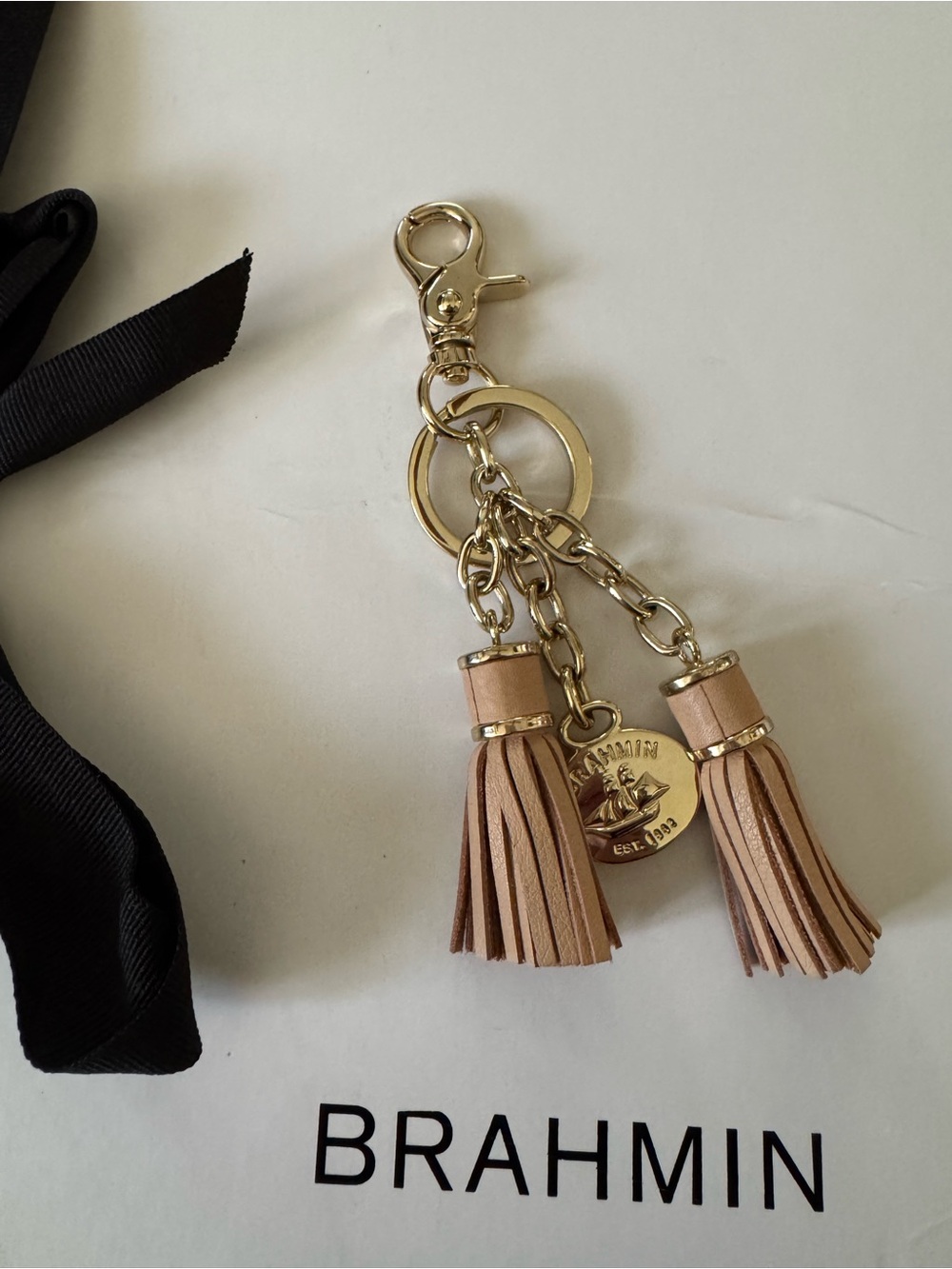 NWOT Brahmin Beige Tan Leather Double Tassel Key Fob with Gold-Tone Hardware